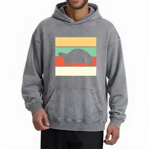Vintage Washed Hoodie with Retro Tortoise and Sunset Turtle Design – 220G Comfortable Wear