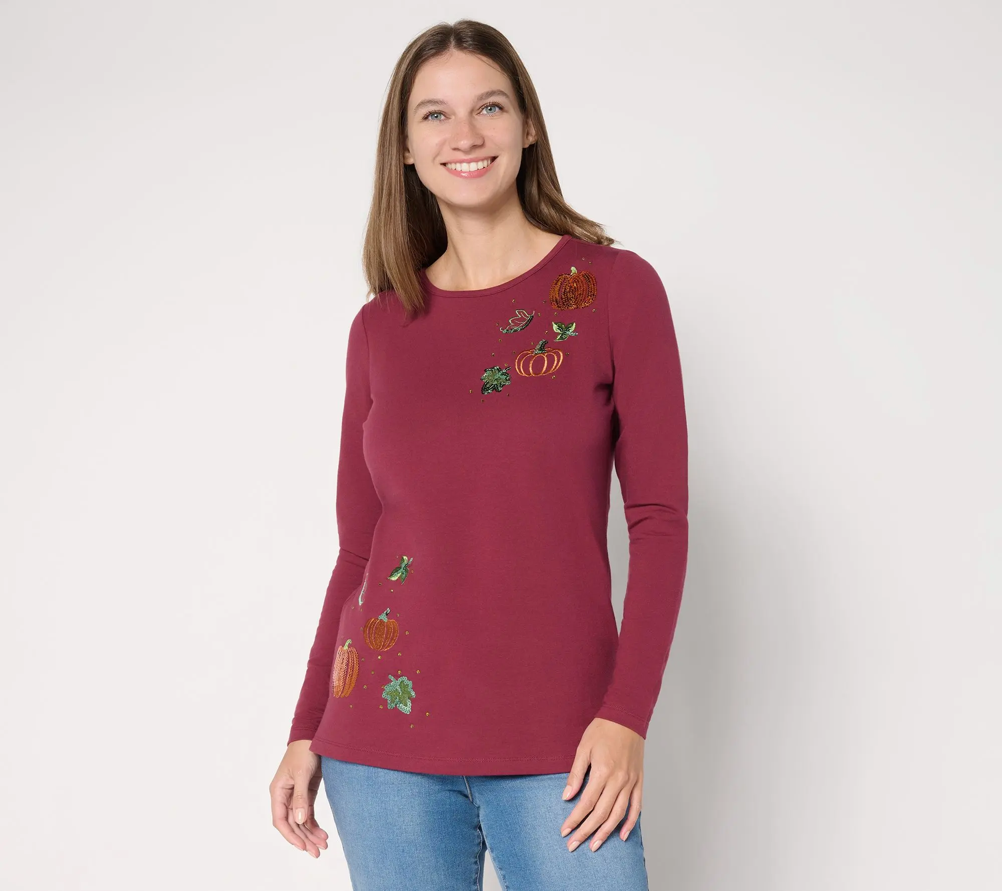 Quacker Factory Pumpkin Patch Embellished French Terry Shirt