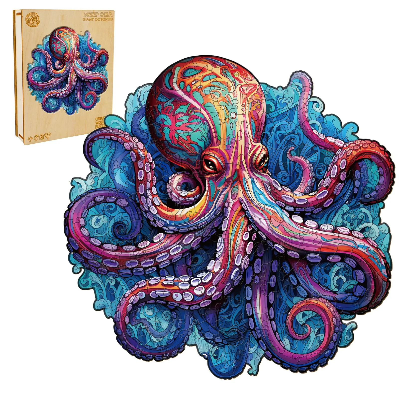 Deep Sea Giant Octopus Wooden Jigsaw Puzzle for Adults and Kids Unique Shape Animal Wood Puzzles Challenging Puzzle, Family Game Creative Gifts，Laser-Cut Durable HDF Wood Puzzle Crafts