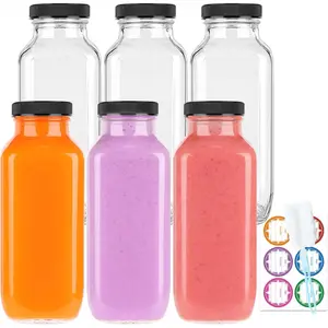 6 Pack Glass Drink Bottles, 16 OZ Vintage Square Water Bottles with Lids, Juice Bottles Beverages Containers for Milk, Kombucha, Smoothies