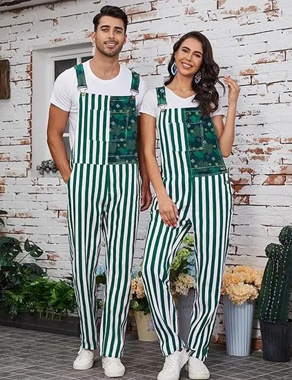 Yuanbang Men's Christmas Adjustable Denim Overalls - Menswear with Zip, Thick Smooth Fabric, Flag Straps, Pockets; Women's Irish Green White Striped Rompers - Womenswear Bib Jumpsuits, Sleeveless