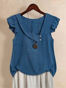 Women's Plus Size New Shirt Casual Simple Style Sleeveless Ruffle Asymmetrical Neck Blouse, Loose-Fitting Summer Top Womenswear Ruffled