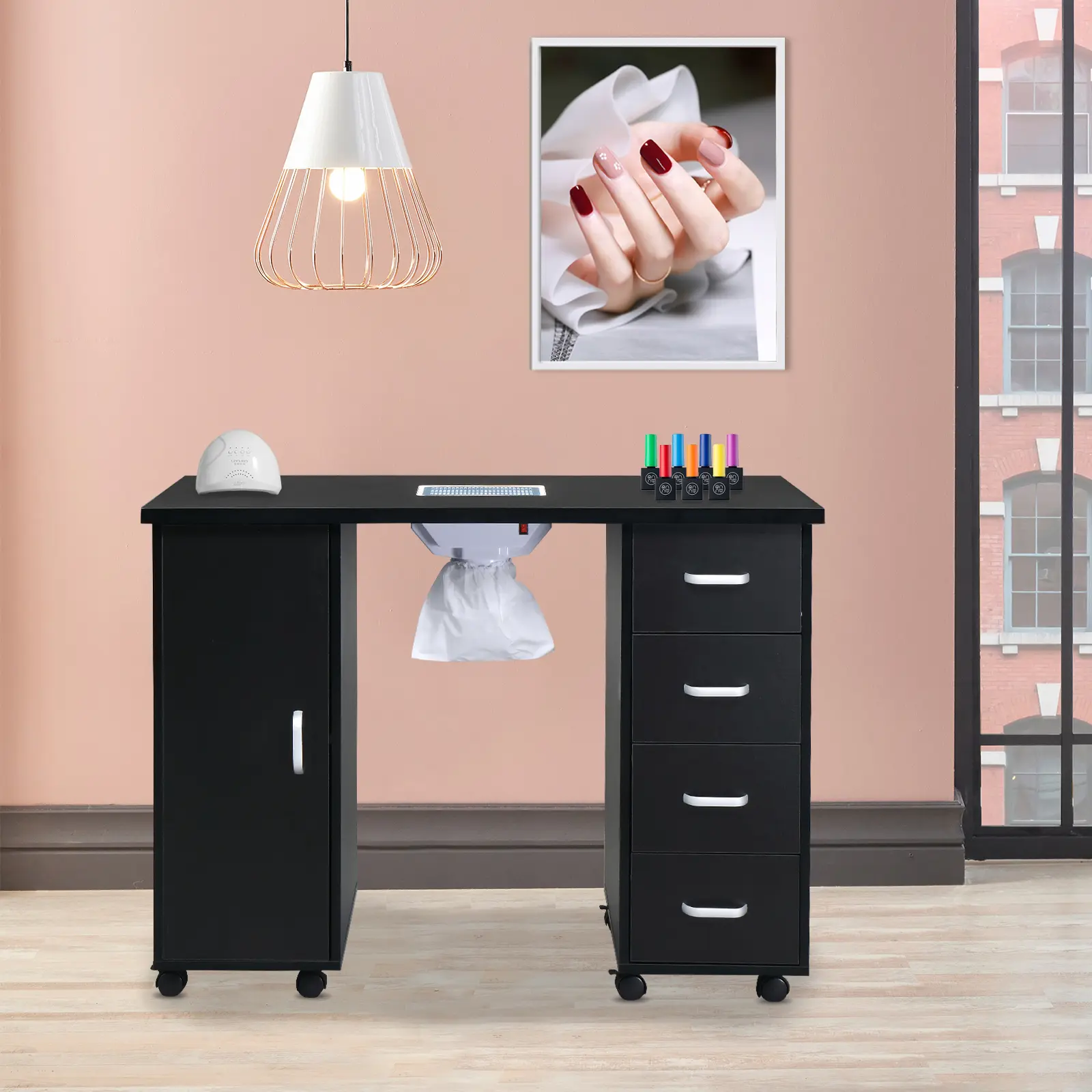 Rolling Nail Manicure Table, MDF Salon Nail Workstation With Built-In Nail Dust Collector Fan, 4 Drawers, Single Door Storage Cabinet, Mobile Nail Art Desk For Home And Commercial Beauty Salon