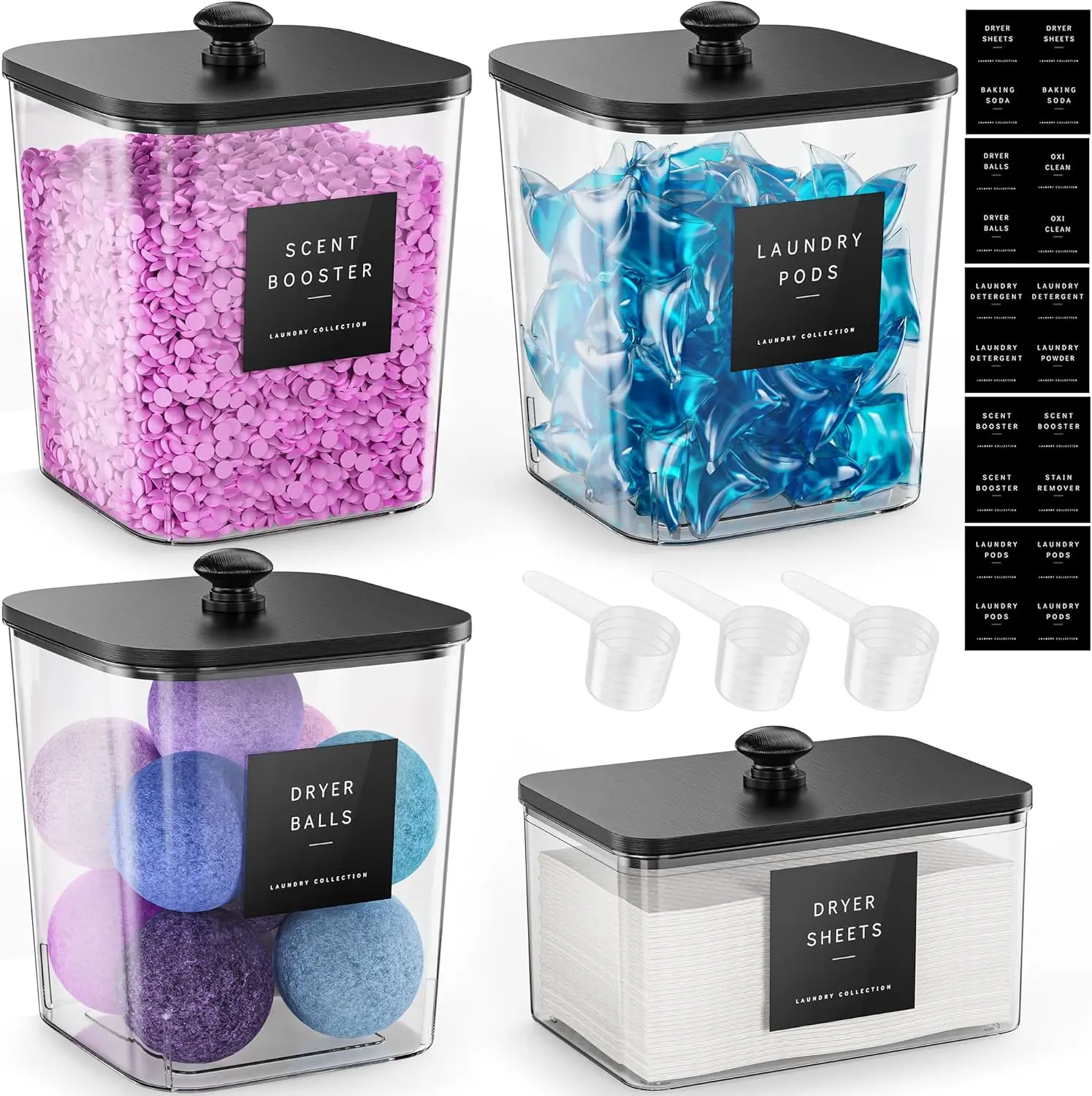 4 Pack Laundry Pods Container, Clear Laundry Room Organization Containers Essentials, Large Detergent Powder Storage Containers Black Wooden Lids & Labels Signs, Home Acrylic Laundry Pods Holder Moforoco