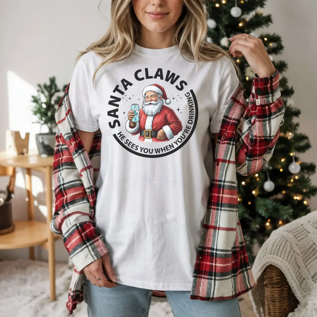 Santa Claws Drinking Christmas Shirt on Comfort Colors 1717 | Funny Holiday Tee for Parties | Vintage Santa Drinking Tee | He Sees You When You’re Drinking Shirt | Christmas Gift Idea | Holiday Party Outfit | Cute Cozy Winter Tee
