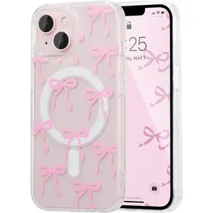 Magnetic for iPhone 14 & iPhone 13 Case, Bow Case Compatible with MagSafe, Wireless Slim Clear Ribbon Phone Cover Anti-Yellowing Shockproof Protective Cover for Women Girl - Pink