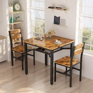 3 Piece Dining Table Set for 2, Small Wooden Kitchen Table with Storage, Farmhouse Square Dinette Set for Dining Room, Breakfast Nook, Apartment, Small Space