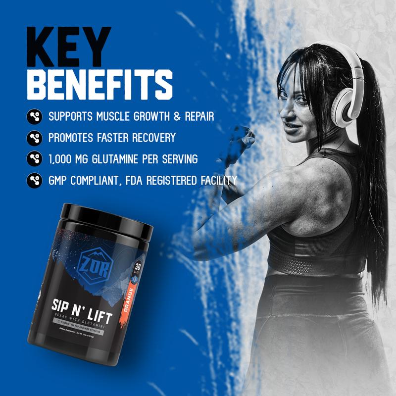Zor Labs Sip N' Lift BCAA Powder with Glutamine & Electrolytes - Amino Acids Supplement for Intra Workout Hydration & Post Workout Recovery - Branched Chain Amino Acids (BCAAs)