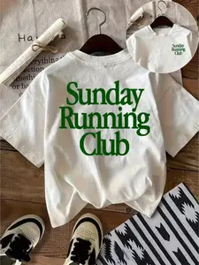 Sunday Running Club Slogan T-Shirt, Print Colorblock Sporty Casual Round Neck Top, Front Back Print Design, Suitable for Sports Running Daily Wear, Everyday