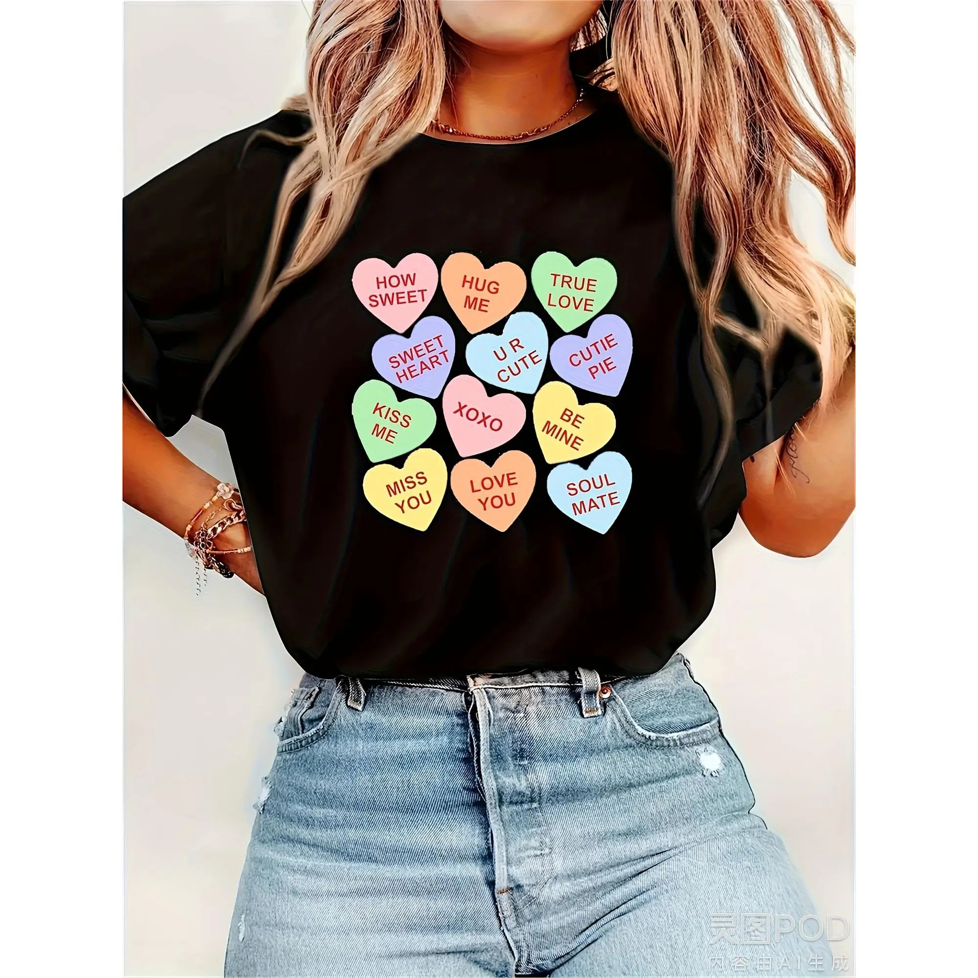 Valentine'S Day Candy Heart Print T-Shirt - Funny "How Sweet It Is" & "Love You" Design, Unisex Casual Short Sleeve Tee, 220GSM Pure, All-Season