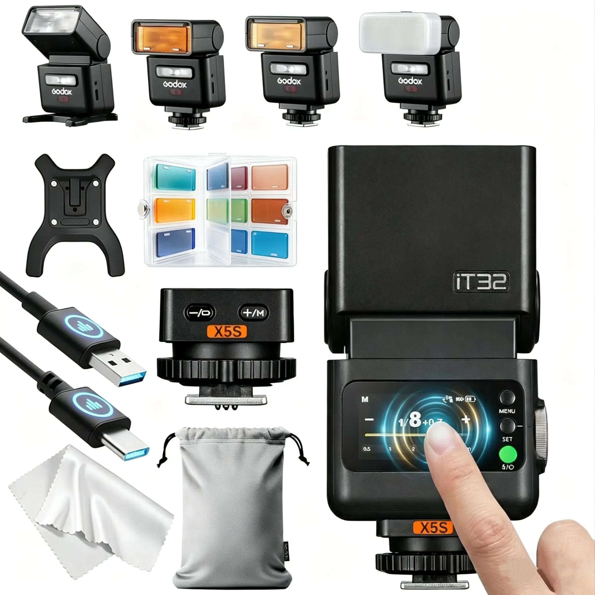 Godox iT32 Flash & X5 TTL Module & MA02 Magnetic Accessory Kit, Mini Flash System with Color Filters & Storage Case, Compatible with Canon Sony Nikon Fujifilm Olympus Panasonic Leica Cameras