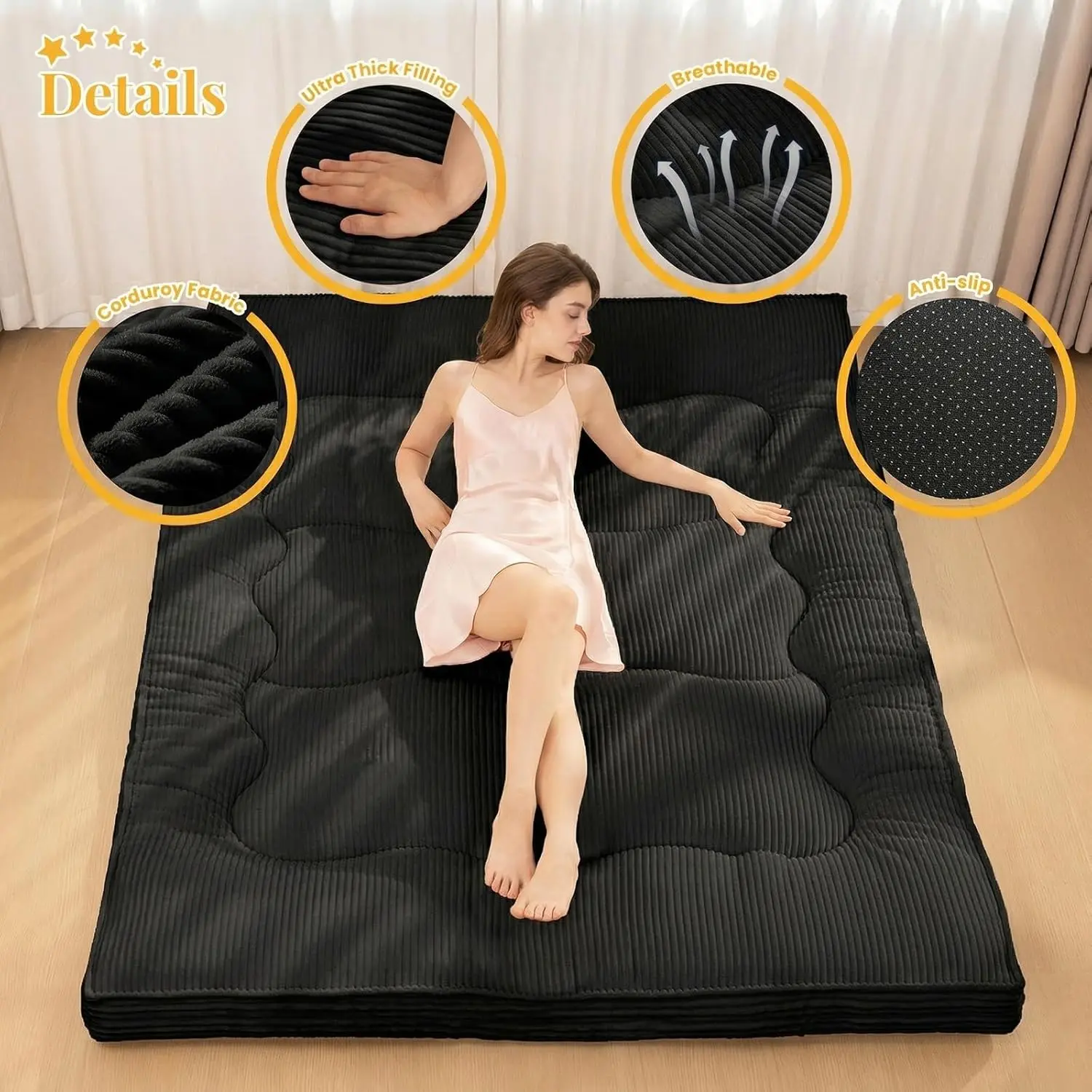 Japanese Floor Futon Mattress - 4" Durable Grey Memory Foam, Foldable Tatami Sleeping Pad, Sofa Couch Bed for Adults
