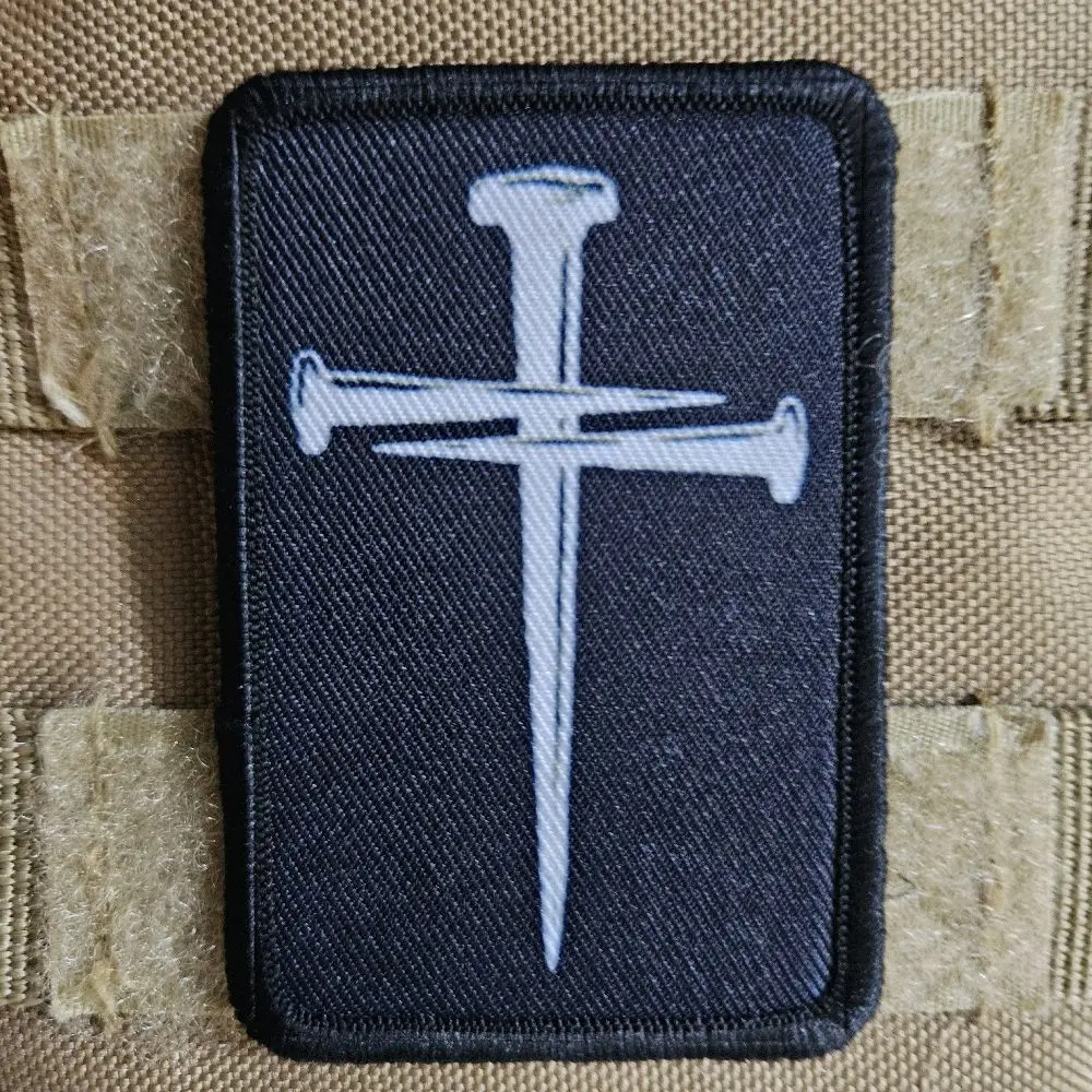 nail cross white on black 2"x3" removable morale patch with hook and loop