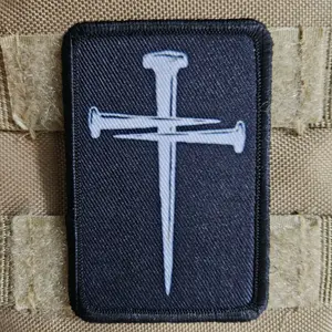nail cross white on black 2"x3" removable morale patch with hook and loop