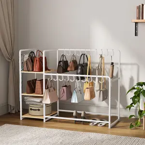 3-Tier Wooden Purse Organizer Rack with 20 Hangers, Rolling Handbag Storage Shelf with 3 Side Hooks, Large Freestanding Closet Display Stand for Bedroom