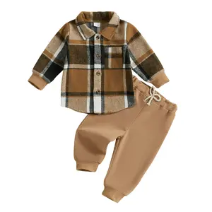 Toddler Baby Boy Fall Winter Clothes Plaid Flannel Shirt + Elastic Pants Set 2 Pieces Baby Boy Outfits