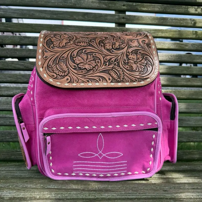 Genuine hand tooled leather & suede backpack- pink suede & boot stitch