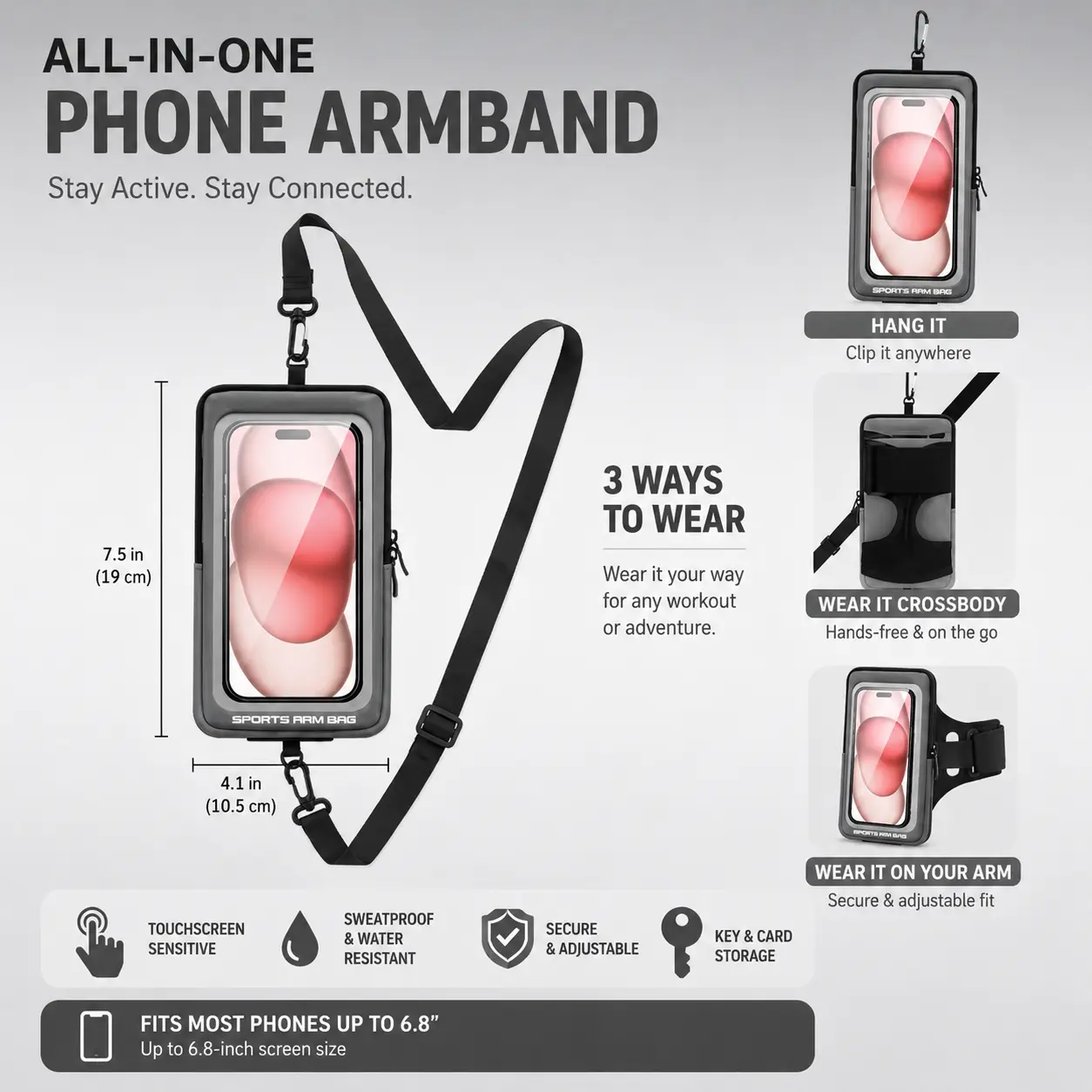 2-in-1 Running Phone Armband & Crossbody Strap Case, Touch Screen Sports Phone Holder, Sweatproof Adjustable Arm Band for Gym, Fitness, Running & Outdoor