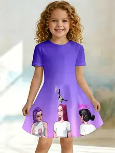 Dreamy Starry Gradient Girls' Dress, Cartoon Bestie Trio Print Short Sleeve, Fitted Knee Length, Casual Style, All over Print