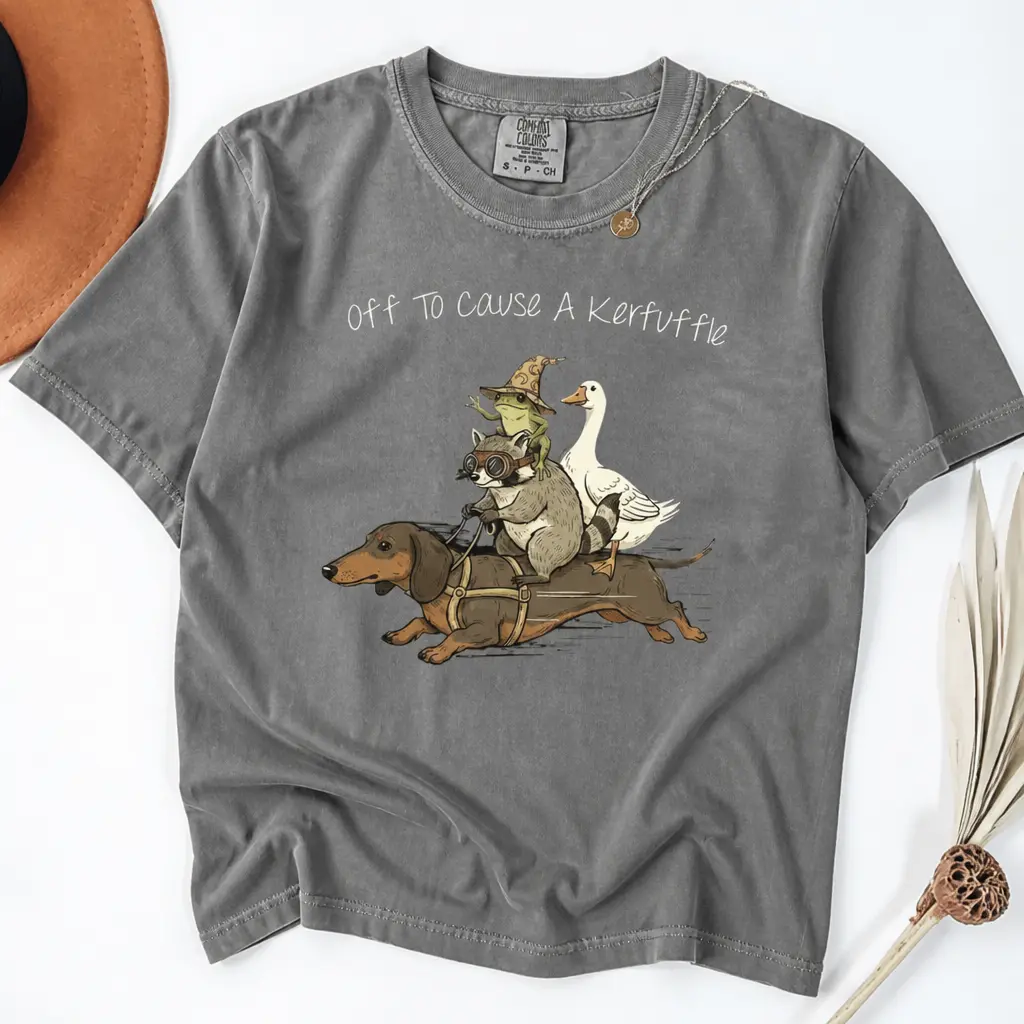 Comfort Colors Off To Cause A Kerfuffle T-Shirt, Funny Dachshund, Frog Meme, Raccoon Tee, Silly Goose, Short Sleeve Unisex T-Shirt