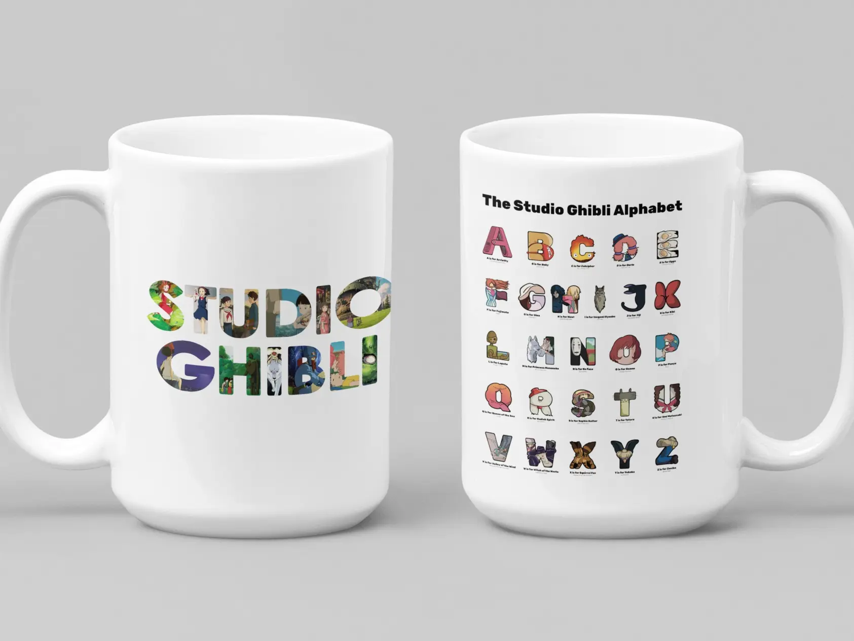 Studio Ghibli Glossy Ceramic Mug - Animal Character Design, 11oz/15oz Single Collectible Cup, Reusable Washable Coffee/Tea Drinkware, Perfect Gift for Ghibli Fans (Totoro, No-Face, Calcifer Anime Alphabet), Animals