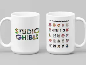 Studio Ghibli Alphabet Mug | Totoro No Face Calcifer Anime Character Coffee Cup | Premium 11oz and 15oz Ceramic and accent Mug - Perfect Gift for Ghibli Fans