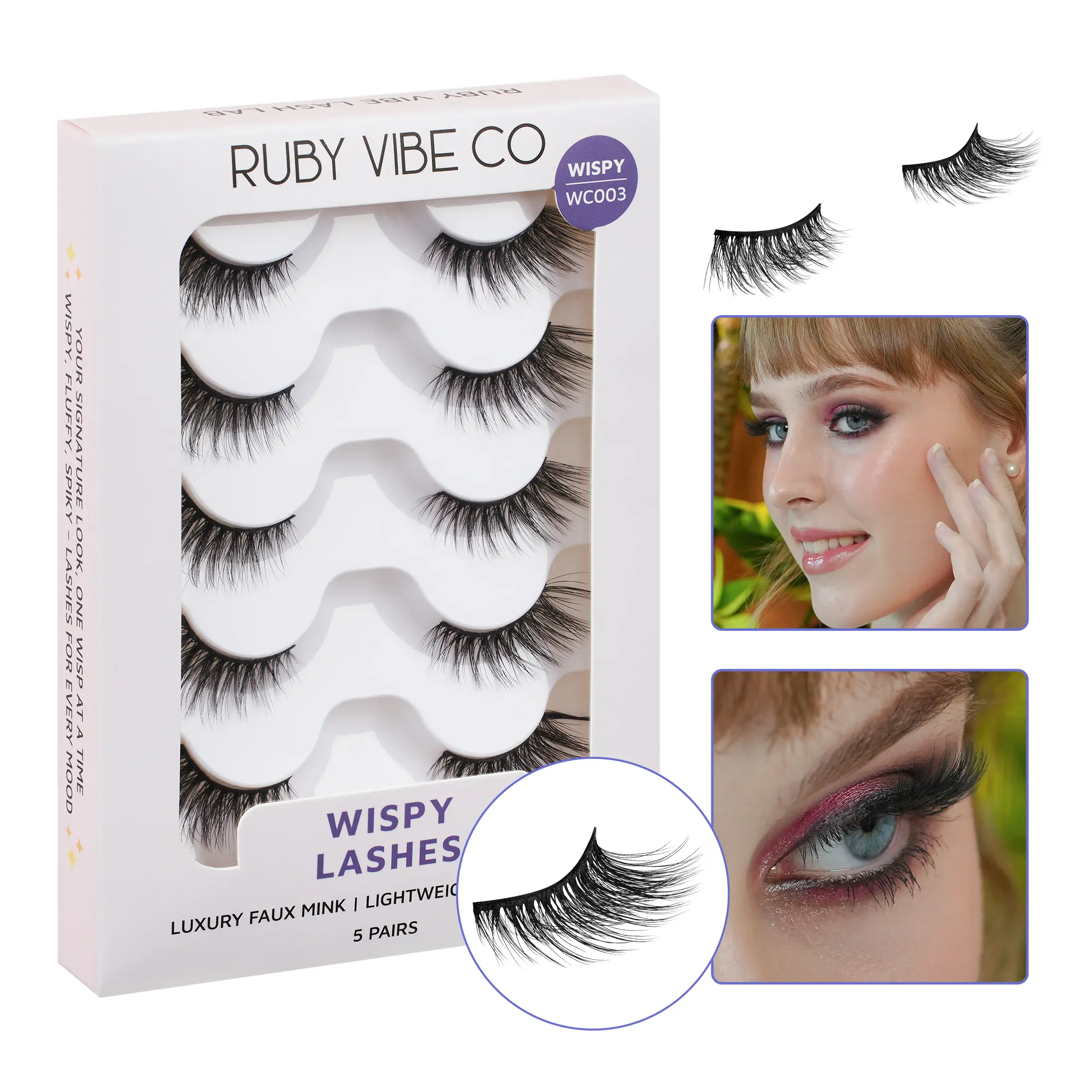 [RUBY VIBE CO] Chic Wisps WC003 Faux Mink Lashes Ultra-Lightweight Soft Flexible Band Effortless Application 5 Pairs Half Length