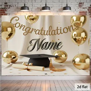 1PC,2D Flat Backdrop Custom Name Graduation Congratulations Backdrop, Party Scene Decoration Background with Golden Balloons, Bachelor Cap & Diploma Elements, Perfect for Graduation Celebration Event Decoration