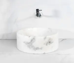 Carrara White Cylindrical Marble Sink with Free Marble Soap Dispenser for Elegant Bathrooms for Elegant Bathrooms