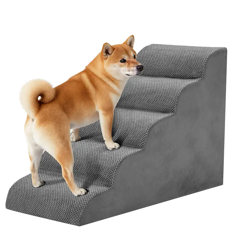 Dog Stairs Ramp for Small Dogs and Cats 5-Step Curved Pet Steps with High-Density Foam for Puppy and Older Cats Indoor Ramp Stairs for Couch High Beds Sofa Chairs Grey