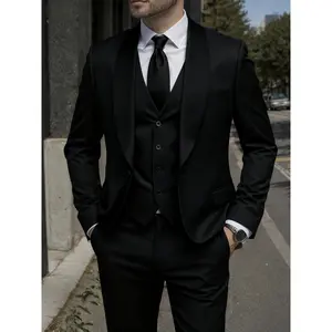 Men's Suit Set Three-Piece Casual Solid Color Slim Fit Formal Suit Groom Stylish Wedding Suit Trendy