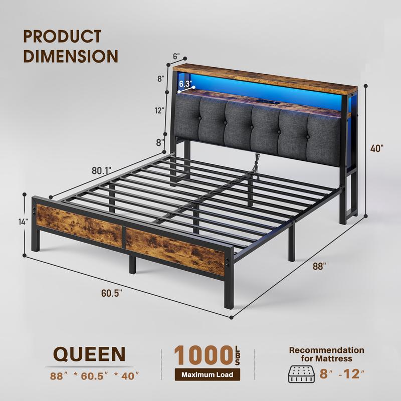 Raybee LED Bed Frame with Charge Station for Queen, Full, King, Platform Bed Frame with Upholstered Ergonomic Heardboard , 2 Tiers of Shelves & 12" Underbed Storage, Industrial Modern Bedroom Furniture, 1000lbs Capacity with Metal Slats & Frame, Black