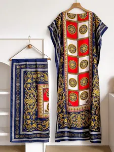 Elegant Long Robe Set with Multicolor Baroque Print Shawl, Moomoo Dress + Headscarf Scarf, Women's Beach Sun Protection Satin Silk, Womenswear