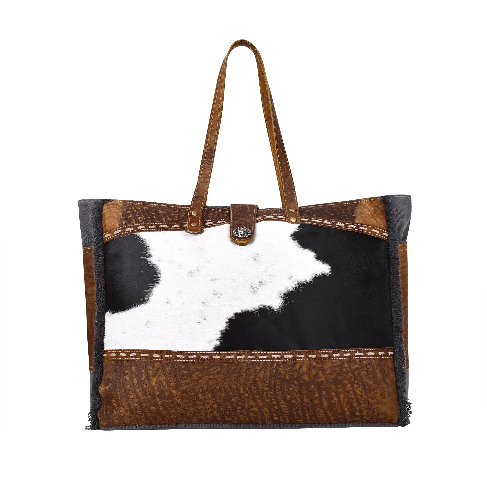 Myra Asher Large Canvas and Hair-On Cowhide Genuine Leather Weekender Bag for Women, Western Duffle with Concho and Large Pockets, Fringe, Concho Clasp