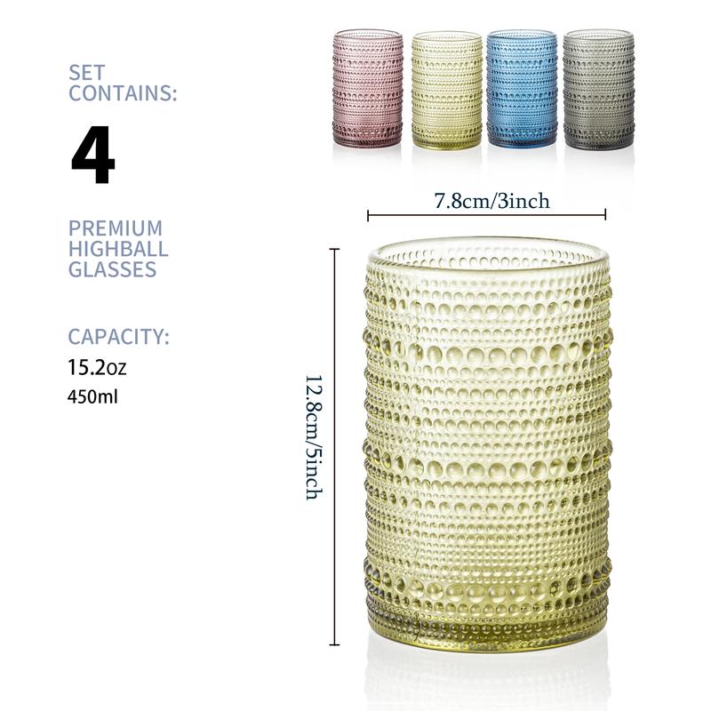 Polidream Vintage Glassware Set - 4pcs Drinkware Multicolor 15.2oz Hobnail Drinking Glasses for Beer, Cocktail, Soda & Juice - Embossed Old Fashioned Glassware with Four Unique Colors   wineglass anthropologie  juice