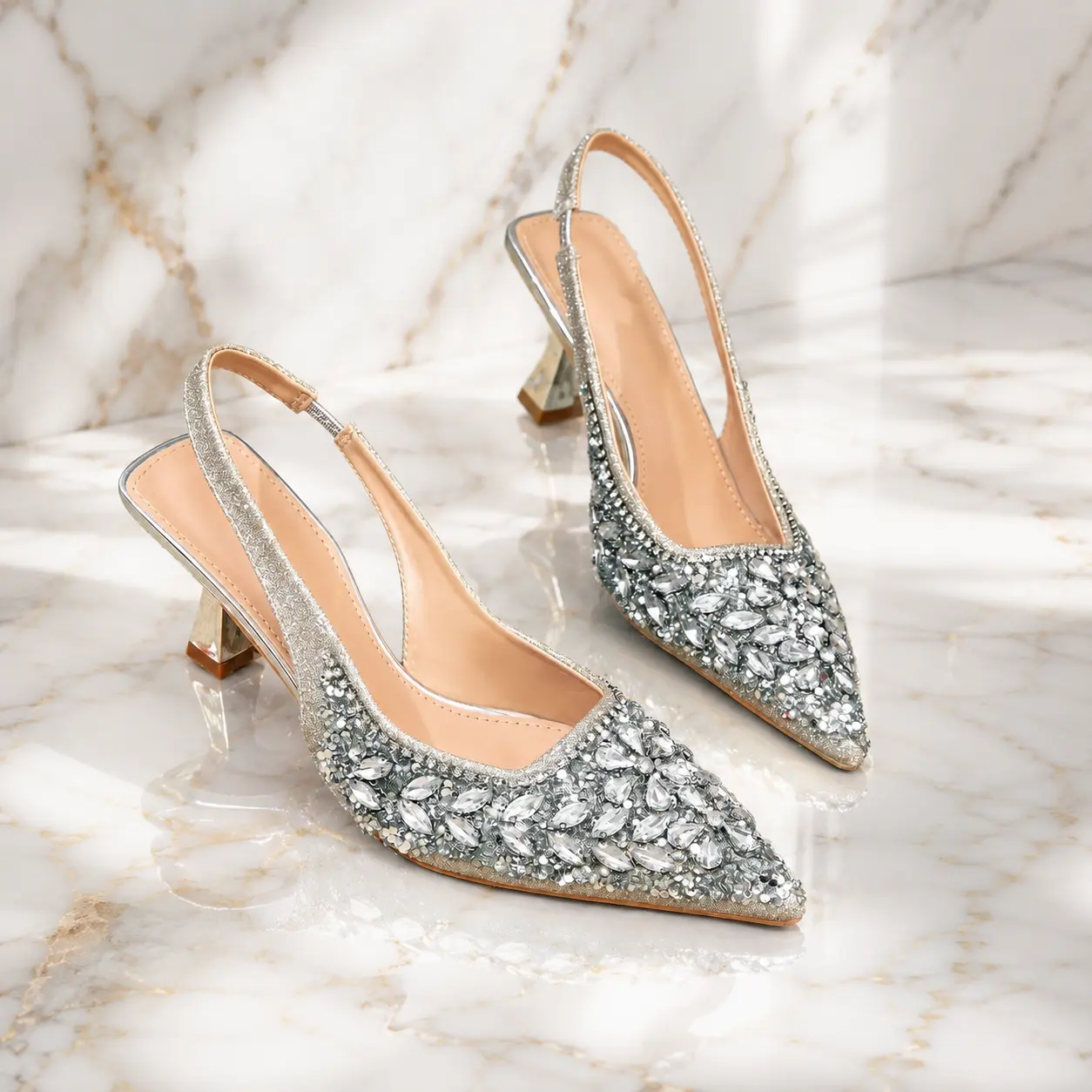 Elegant Women's Slingback Kitten Heels with Diamond Buckle Pearls & Sequins Pointed Toe High-Heeled Sandals for Parties Proms & Formal Events US Size 10 Silver