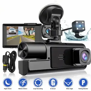 Triple Lens Dash Cam for Cars - Front, Rear, Interior Recording with IR Night Vision, 170° Wide Angle, G-Sensor & Loop. Free/Optional 32GB SD Card