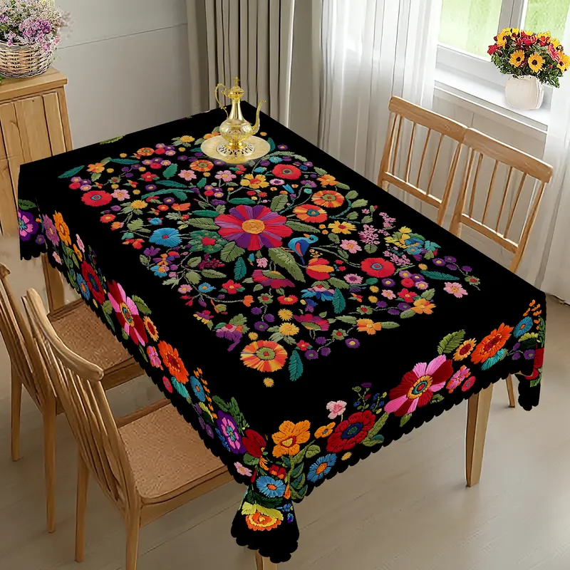 PLUMLIK Self-Adhesive Polyester 3D Printed Mexican Flower Tablecloth - Rectangle & Round Multi-Size Home Supplies, Room Decor, Waterproof, Machine-Washable, Quick-Dry, Bright Ethnic Style, Holiday Indoor/Outdoor Decor