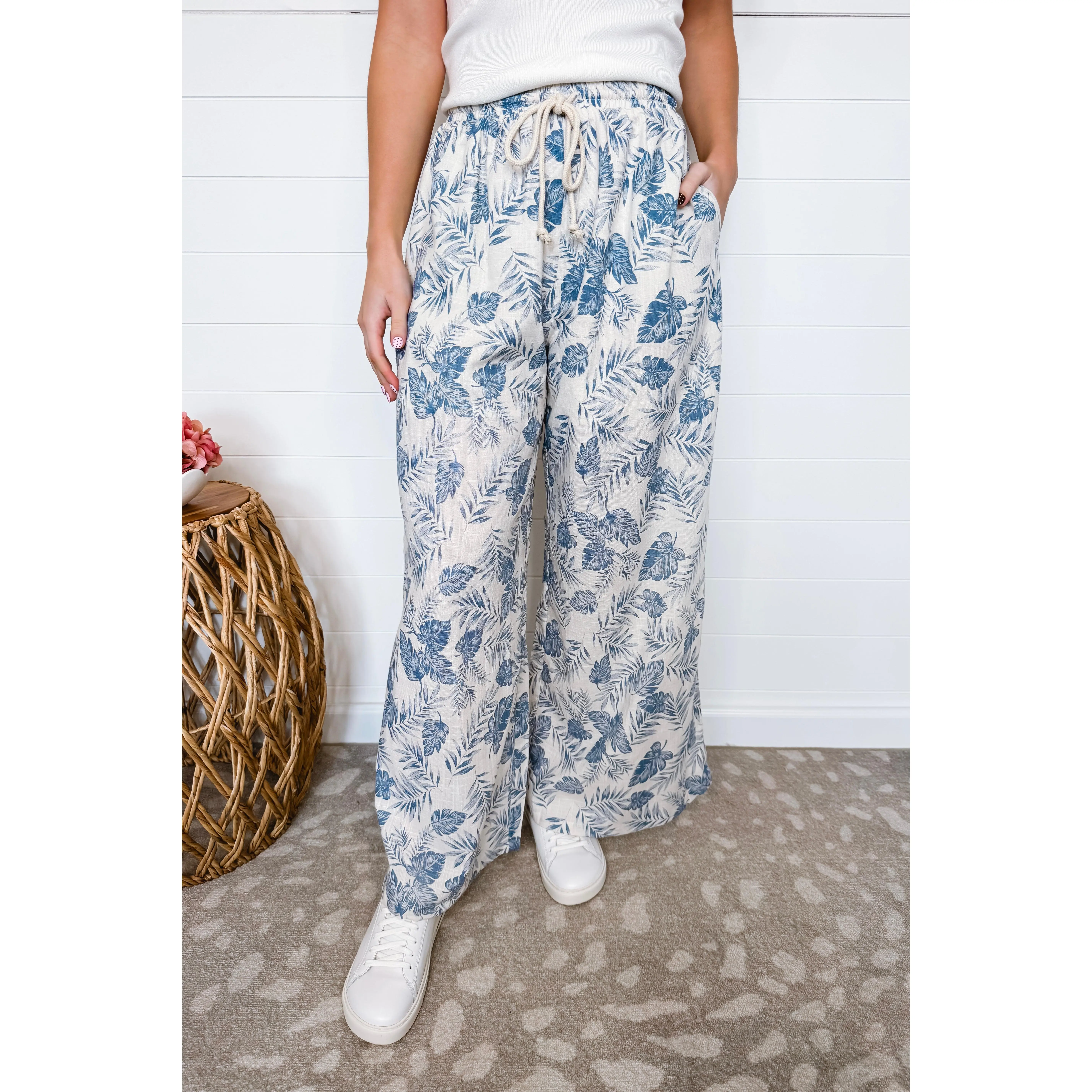 Summer Days Tropical Palm Leaf Wide Leg Pants - Blue/Ivory