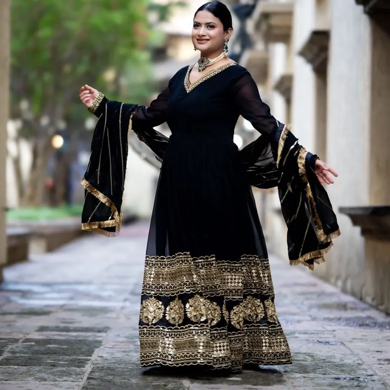 Royal Black Anarkali with heavy Gold Embroidered Border Womenswear Casual Dress - TikTok Shop Royal Black Anarkali with heavy Gold Embroidered Border Womenswear Casual Dress - TikTok Shop