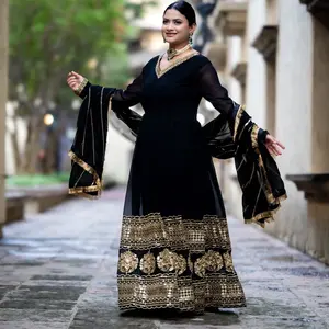 Royal Black Anarkali with heavy Gold Embroidered Border Womenswear Casual Dress