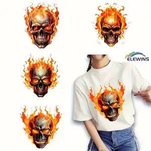 6Pcs Gothic Flame Skull Iron on Patches with Glow in Dark Eyes - Heat Transfer Vinyl Applique for Tshirt Jeans Hat Bag - DIY Decor for Cosplay Festival Biker Punk Style - Washer Safe No Cracking Adhes