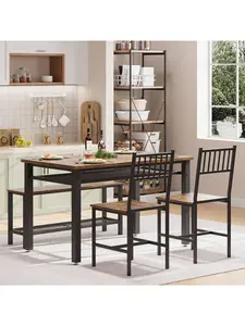 Gaomon 4-Piece Dining Room Set - 4-6 Seater Dining Table with 2 Chairs, 1 Bench, Storage Rack & Metal Frame, Space-Saving Indoor Furniture for Small Homes/Apartments, Sturdy, Four-Seater