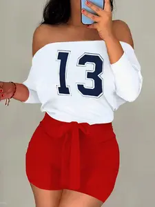 I8016-Y404 New European Style Colorblock One-Shoulder Tie Print Two-Piece Set, Casual Fitted Regular Length Geometric Pattern, All Seasons