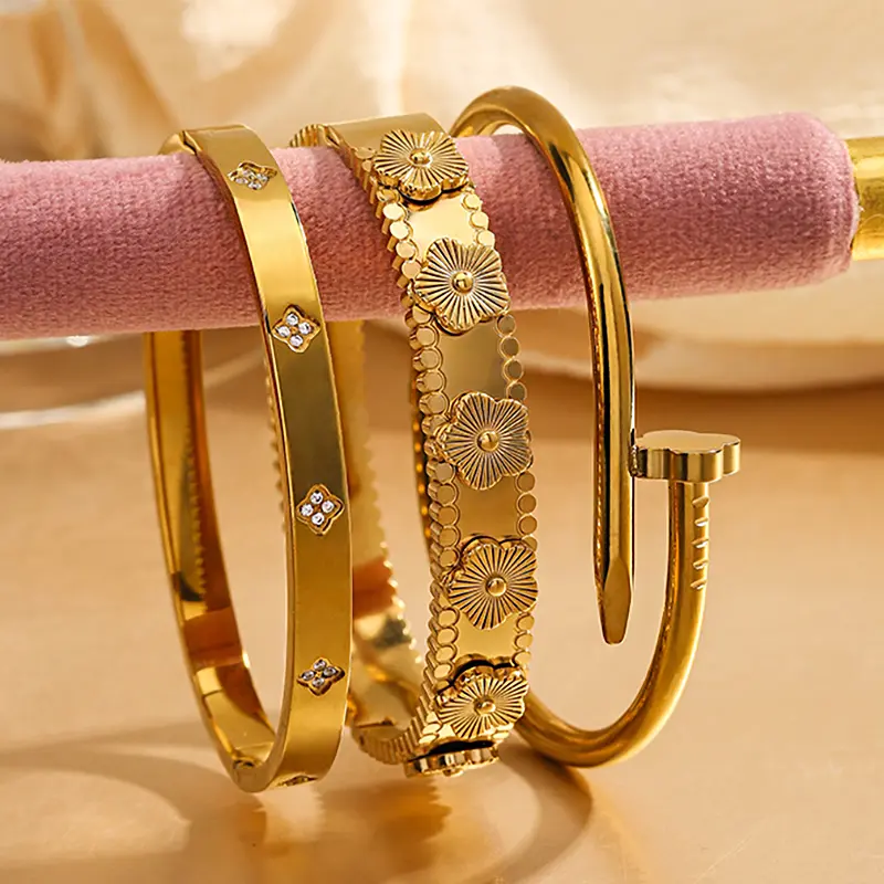 3pcs Luxury Flowers Cubic Zirconia Stons Stainless steel Bangle Stacked Set For Women Fashion Golden Color Stainless steel Bangle Jewelry For Women
