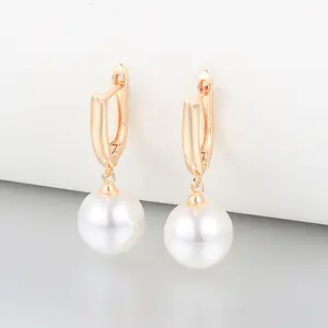 Hermah 585 Rose Gold Color Earrings For Women Girls White Pearl Drop Dangle Earrings Party Wedding Mother's Day Gifts