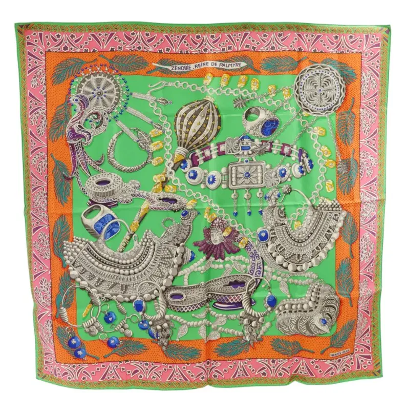 Pre-owned HERMES 90x90 Scarf Scarves Silk Green/Orange/Pink/Multicolor