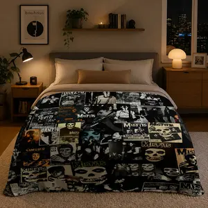 Misfits Patchwork Blanket – Dark Retro Punk Style Air Conditioning Blanket – A must-have item for VHardcore punks, a gift for Misfits fans, suitable for sofas, beds, travel, camping, living rooms, and office chairs.