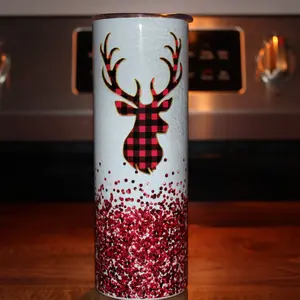 Red Plaid Reindeer Tumbler with Festive Glitter Design Classic Buffalo Check Pattern for Christmas Perfect for Holiday Beverages