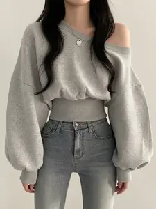 Women's Japanese Style Casual Loose-Fit Hoodie, Casual Sweatshirt, Plain Color Asymmetrical Neckline Pullover, Fall & Winter Fashion, New Arrival